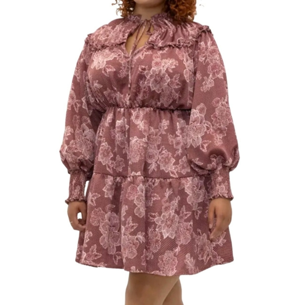 Eloquii pink burgundy floral ruffle tiered l baby doll dress plus size 26/28